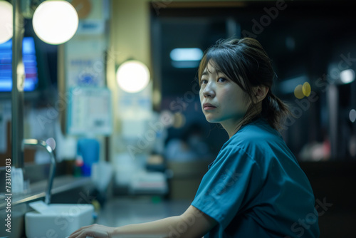 Young Asian female nurse in a hospital, shallow depth of field.