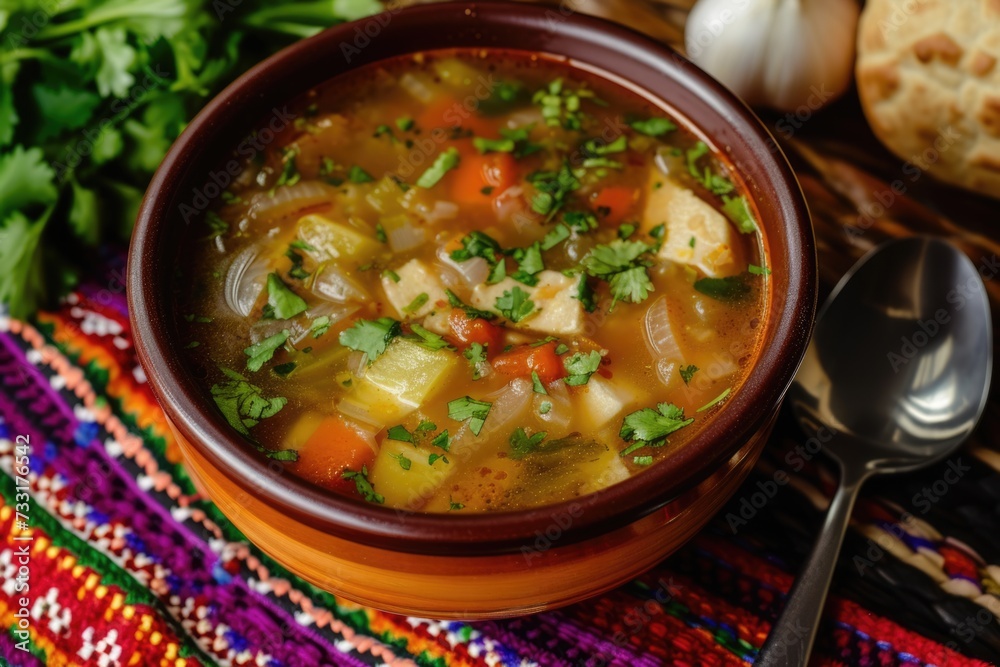 Sopa de Lima with coriander and lime, chicken, and vegetables in a rustic bowl