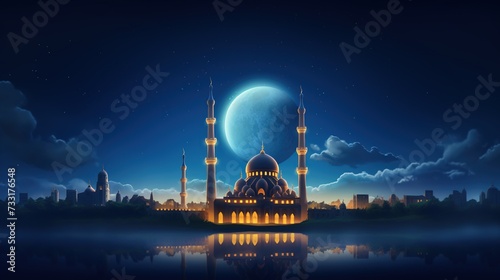 Illustration of Islamic mosque with dome and minarets at night. Eid Mubarak, Eid Al-Fitr and Ramadan Kareem concept background.