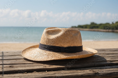 A straw hat placed on a wooden table by the beach photo