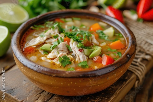Sopa de Lima with coriander and lime, chicken, and vegetables in a rustic bowl