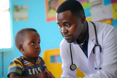 African american male pediatrician doctor examining a little boy in his office.
