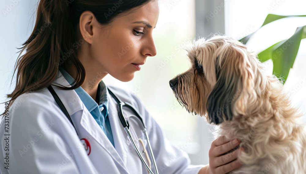 Dog and female vet in examination room. Health insurance for dogs, dog health check-up, dog vaccination, dog surgery. Pet health insurance. Veterinary costs and pet health care. Veterinary check-up. Dog and female vet in examination room. Health insurance for dogs, dog health check-up, dog vaccination, dog surgery. Pet health insurance. Veterinary costs and pet health care. Veterinary check-up.