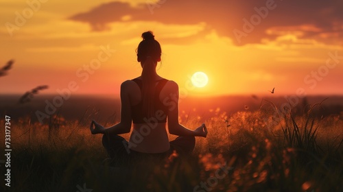 Peaceful Meditation in Yoga Pose at Sunset in Nature © Sintrax