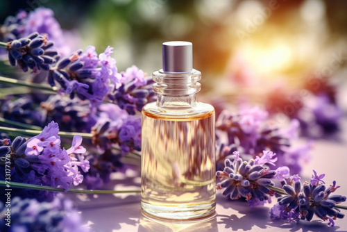 An essential aromatic oil and lavender flowers  Relax  Sleep Concept.