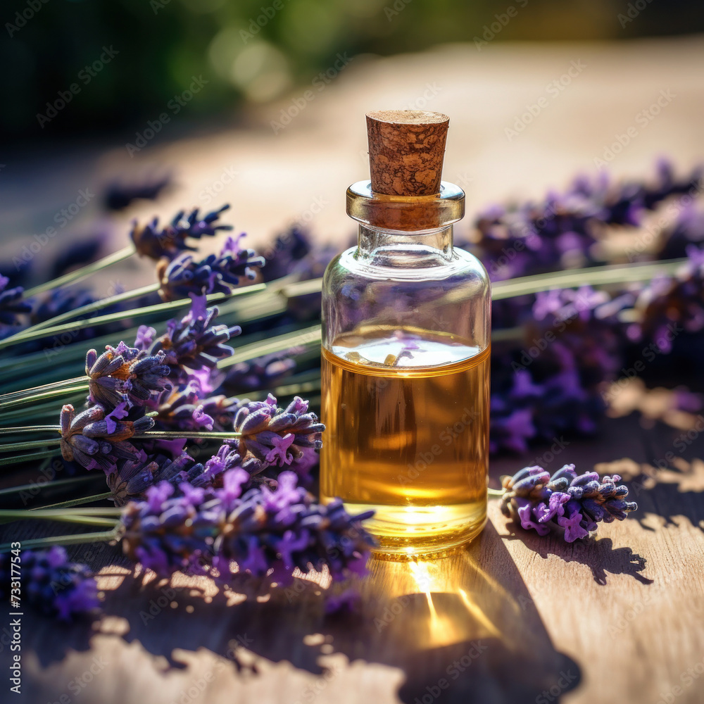 An essential aromatic oil and lavender flowers, Relax, Sleep Concept.