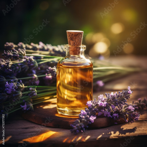 An essential aromatic oil and lavender flowers  Relax  Sleep Concept.