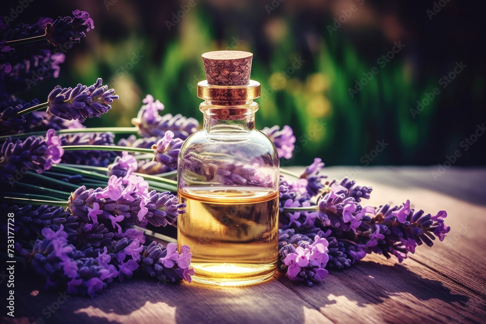 An essential aromatic oil and lavender flowers, Relax, Sleep Concept. An essential aromatic oil and lavender flowers, Relax, Sleep Concept.