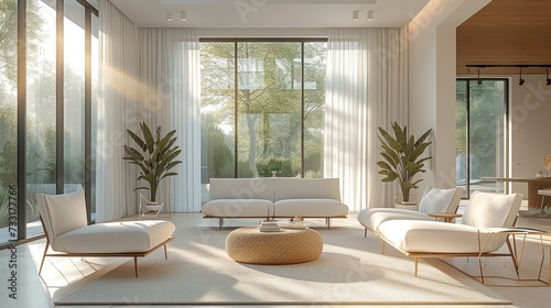 Modern living room, floor to ceiling Windows, white, bright, simple. Generative AI.