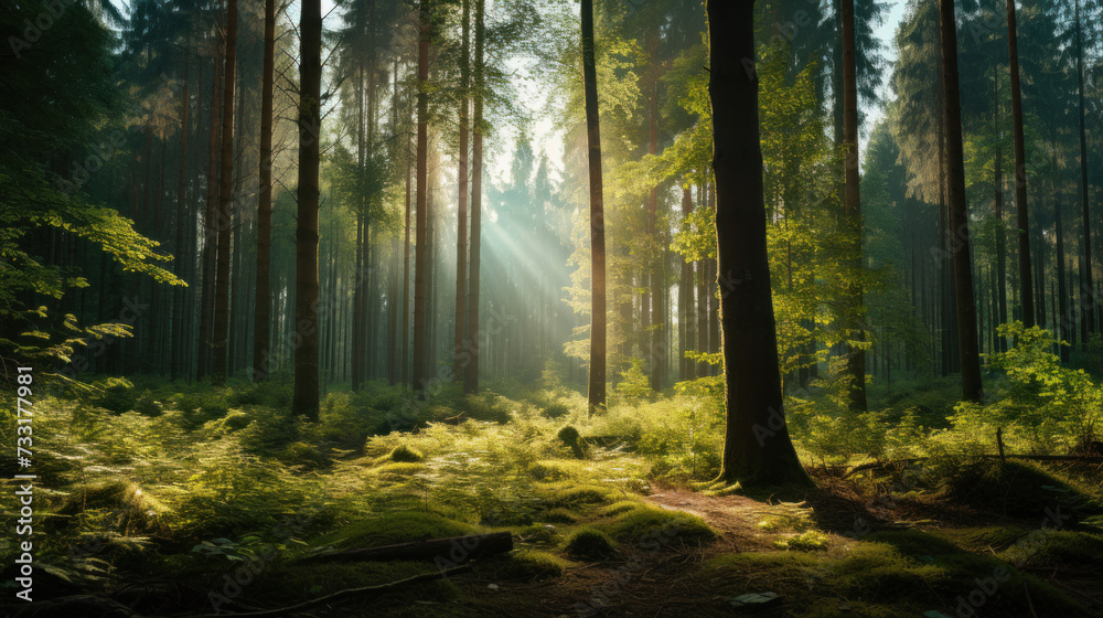 Obraz premium Beautiful forest with bright sun shining through the trees. Scenic forest of trees framed by leaves, with the sunrise casting its warm rays through the foliage.