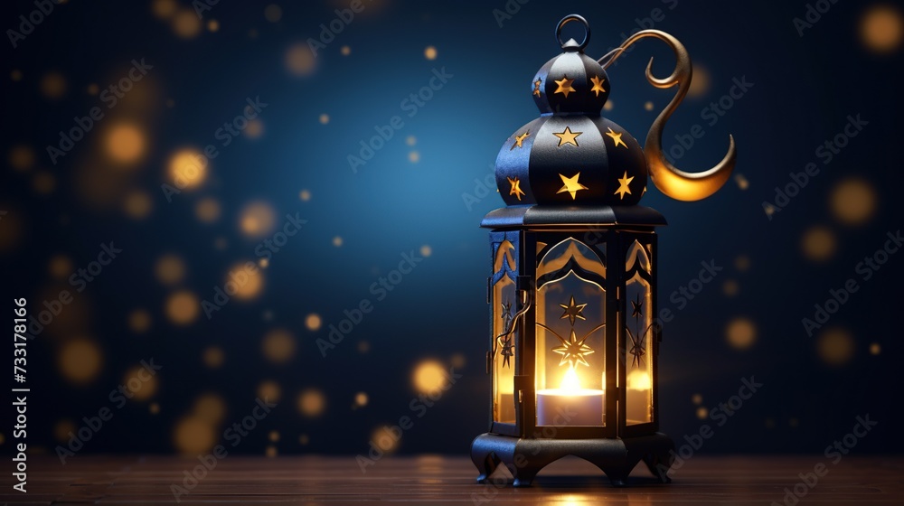 Islamic lantern with crescent moon and stars. Theme of Ramadan Kareem concept on a dark blue background. Islamic lantern with crescent moon and stars. Theme of Ramadan Kareem concept on a dark blue background.