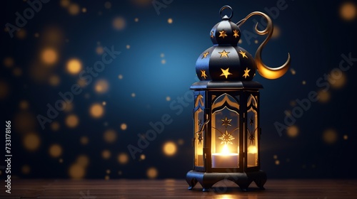 Islamic lantern with crescent moon and stars. Theme of Ramadan Kareem concept on a dark blue background.