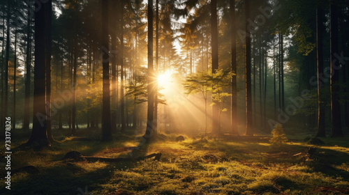 Beautiful forest with bright sun shining through the trees. Scenic forest of trees framed by leaves  with the sunrise casting its warm rays through the foliage.