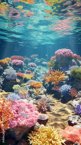 Colorful coral field under the shallow ocean water. Vertical