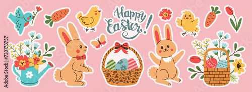 Stickers set of Easter and Spring design elements. Rabbit, eggs, chicken, butterfly, tulips, flowers, branches, basket.