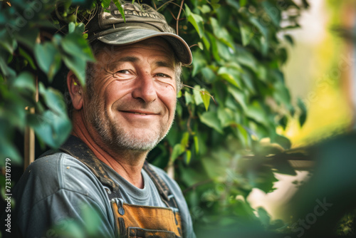 Portrait of a senior man working in a garden, smiling. © PixelGallery