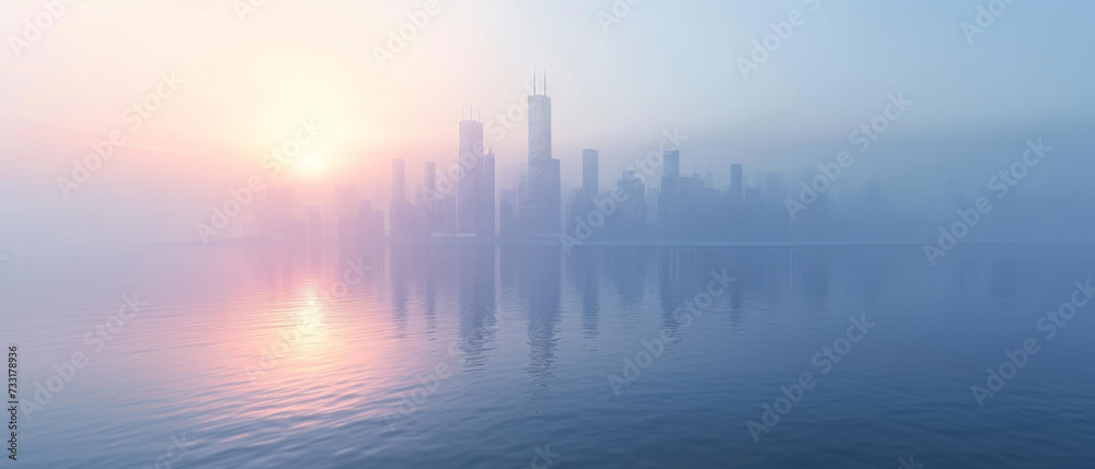 Futuristic city overlooking the water near some land.