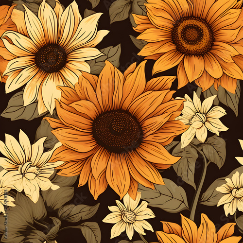 Seamless Golden Yellow Sunflower Illustration Pattern in yellow, green and brown, digital paper