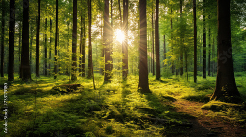 Beautiful forest with bright sun shining through the trees. Scenic forest of trees framed by leaves, with the sunrise casting its warm rays through the foliage. © Wararat