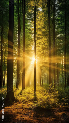 Beautiful forest with bright sun shining through the trees. Scenic forest of trees framed by leaves, with the sunrise casting its warm rays through the foliage. © Wararat
