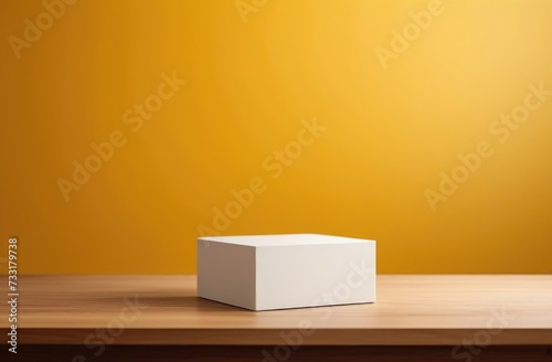 A white rectangular podium on a wooden surface on a yellow background.
