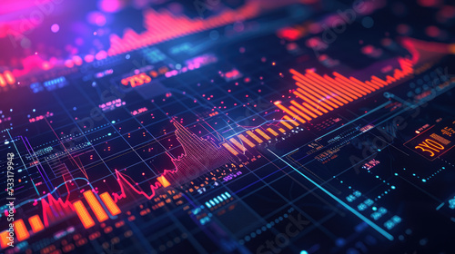 This financial dashboard offers a deep dive into economic indicators and finance metrics, highlighted by sophisticated ambient lighting and real-time data visualization. photo