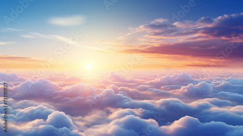 Beautiful sunrise sky above clouds with dramatic light in the morning. photo