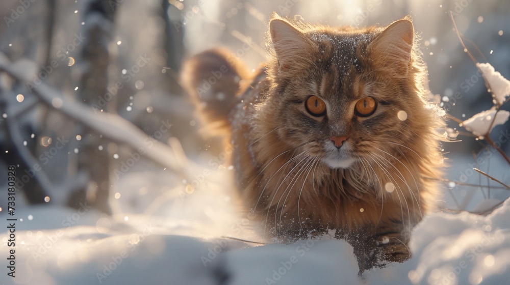 A fluffy Siberian Forest cat prowling through the snow-covered landscape.