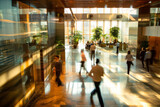 Business people at work in a busy luxury office space, blurred motion.
