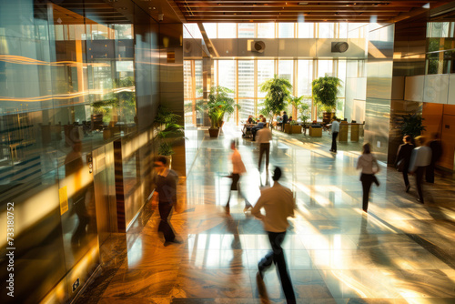 Business people at work in a busy luxury office space, blurred motion.