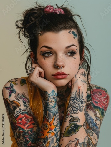 A portrait of a young woman with a distinctive and intricate array of tattoos covering her armsneckand visible parts of her bodyfeaturing a mix of styles ranging from traditional and tribal to contemp © YamunaART