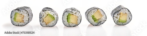 Five pieces of avocado sushi roll, aligned on a white background, display culinary simplicity and japanese cuisine.