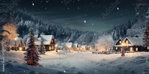 Christmas village with Snow in vintage style at night. Winter village landscape with Christmas tree with lights. © Wararat