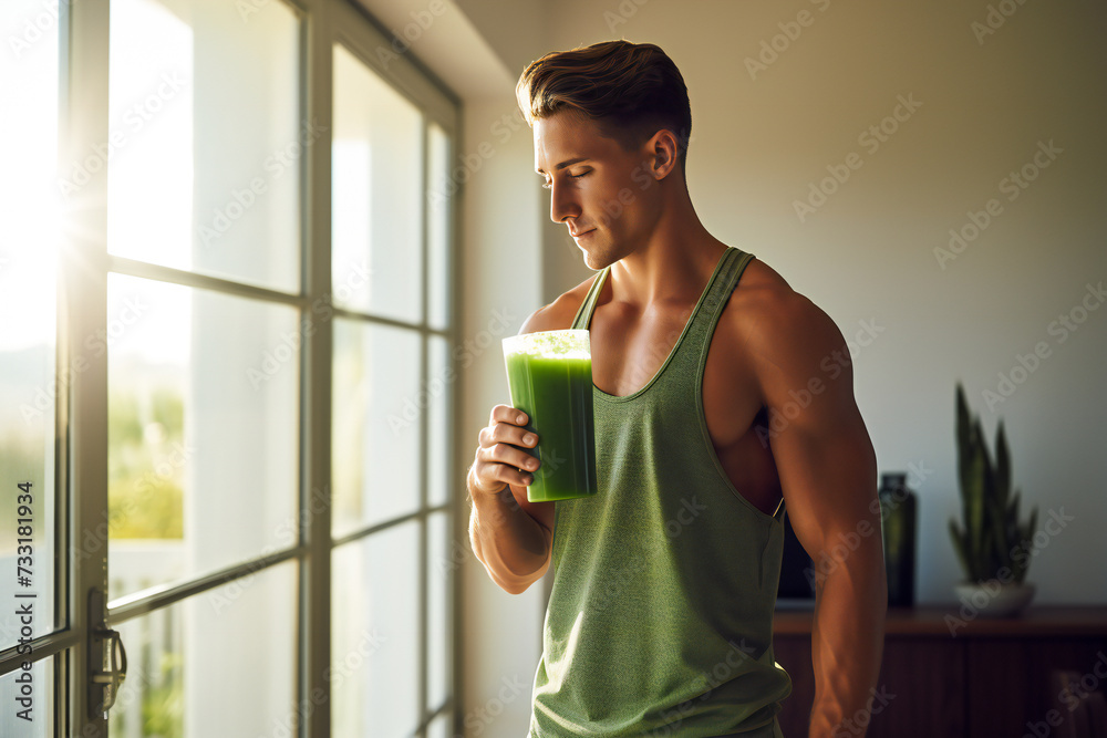 Fototapeta premium Healthy athletic man drinking green smoothie