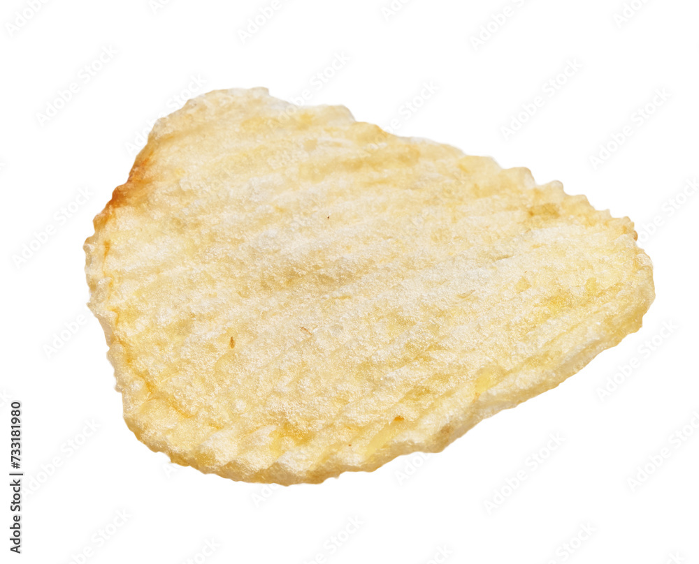 Close-up of a single, crisp potato chip isolated on a white background with visible texture and golden color. Close-up of a single, crisp potato chip isolated on a white background with visible texture and golden color.