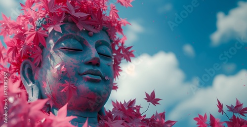 Buddha sculpture covered with pink leaves on a blue sky background, concept illustration meditation, zen, mental health, spa, travel