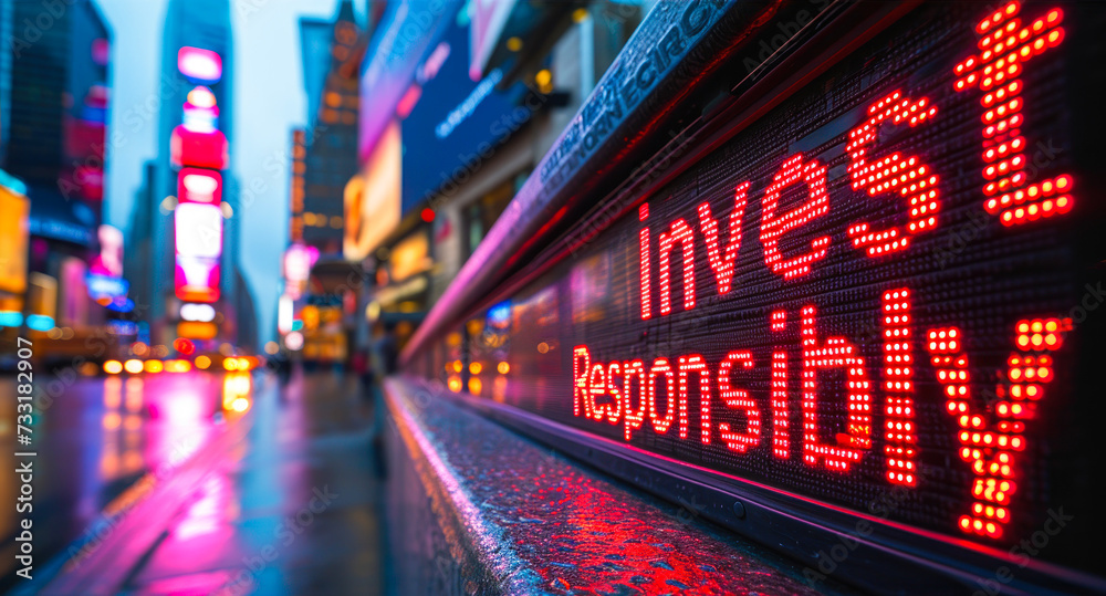 Invest Responsibly message on a digital stock market display promoting ethical investing, moral investment decisions, and financial responsibility - obrazy, fototapety, plakaty 