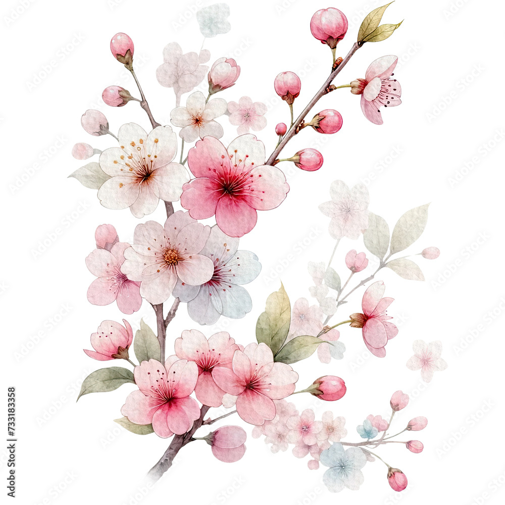 Cherry blossom floral spring watercolor border decoration art.