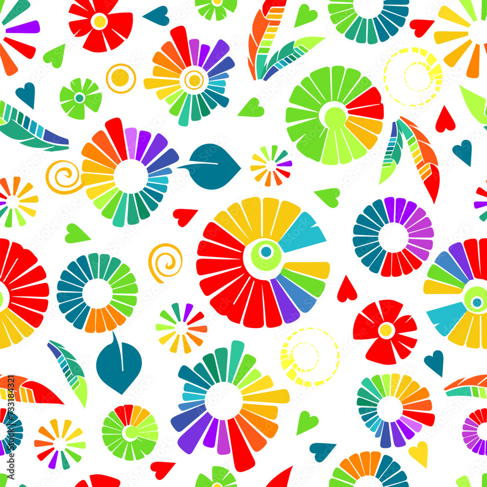 Seamless background with rainbow elements and simple flowers hand drawing. Not AI, Vector illustration
