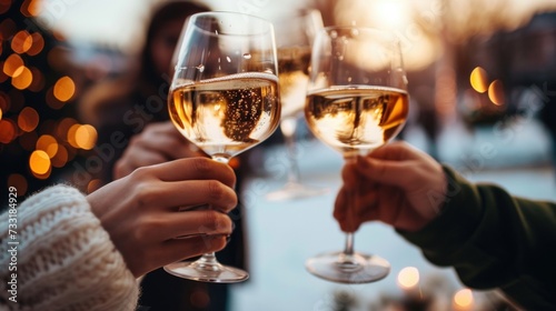 People cheers, making toasts with wine and champagne glasses at a party celebration with friends enjoy a Christmas winter evening, Generative AI 