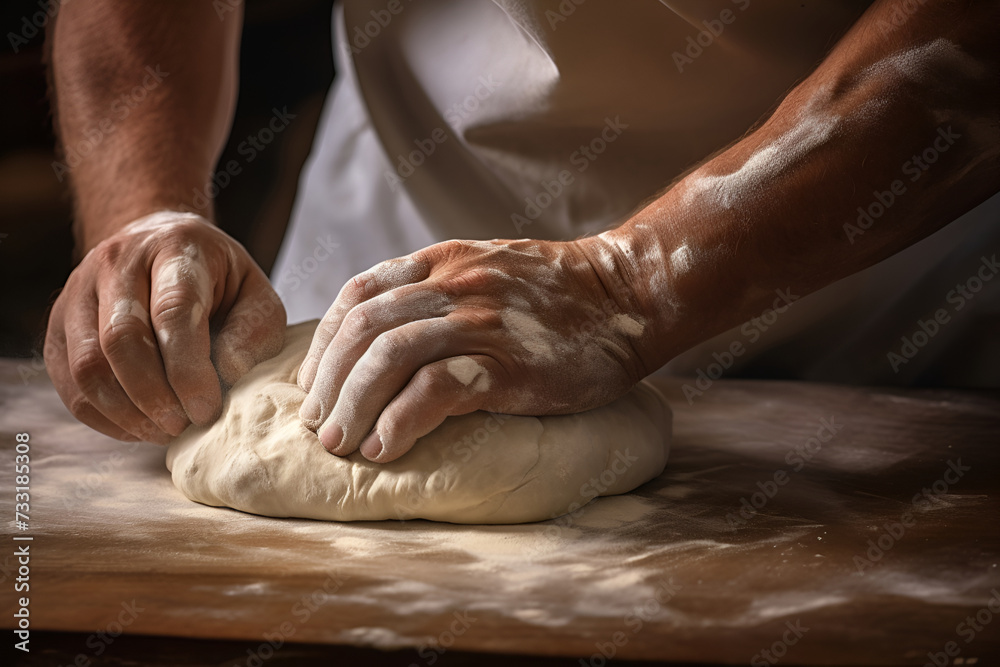 Male hands of chef kneading dough in flour on kitchen table. AI Generative. Close up
