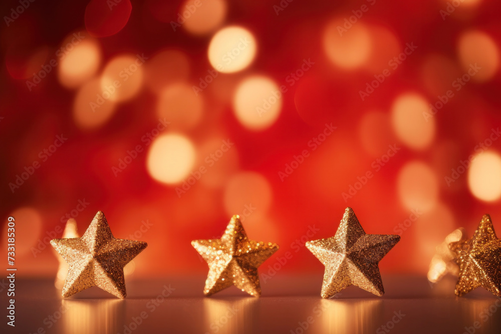 Gold christmas stars with christmas glowing golden red on a red blurred bokeh background. Gold christmas stars with christmas glowing golden red on a red blurred bokeh background.
