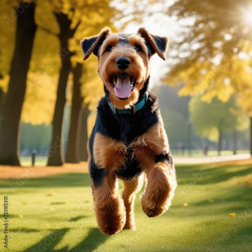happy airedale terrier dog running in the city park. Generative Ai © Alexander