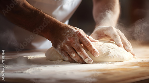 Male hands of chef kneading dough in flour on kitchen table. AI Generative. Close up, banner, copy space
