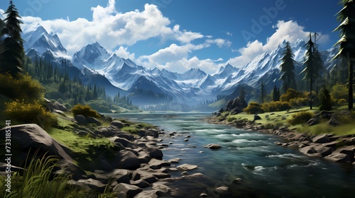 A top view of a serene mountain lake surrounded by snow-capped peaks, with blue skies and scattered clouds reflecting in the crystal-clear waters, creating a breathtaking alpine scene