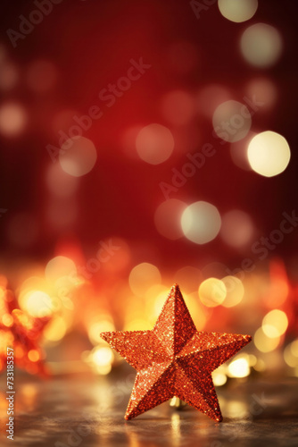 Gold christmas stars with christmas glowing golden red on a red blurred bokeh background.