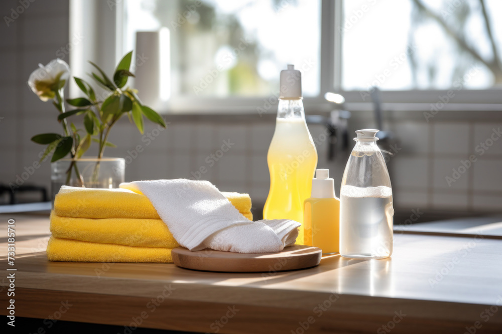 House cleaning concept, Rags, natural sponges and cleaning products. Modern kitchen interior in the background.