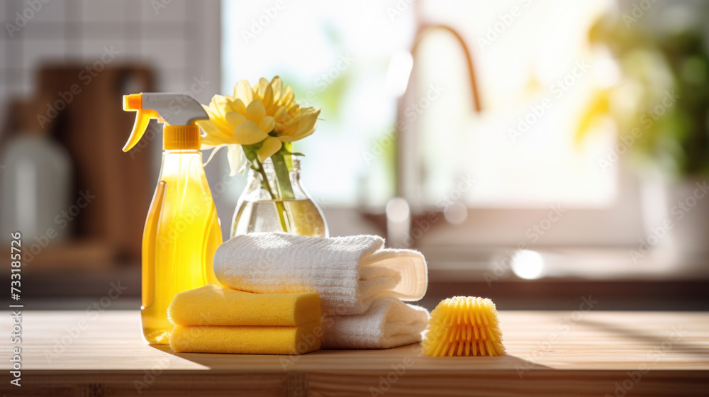 House cleaning concept, Rags, natural sponges and cleaning products. Modern kitchen interior in the background. - obrazy, fototapety, plakaty 
