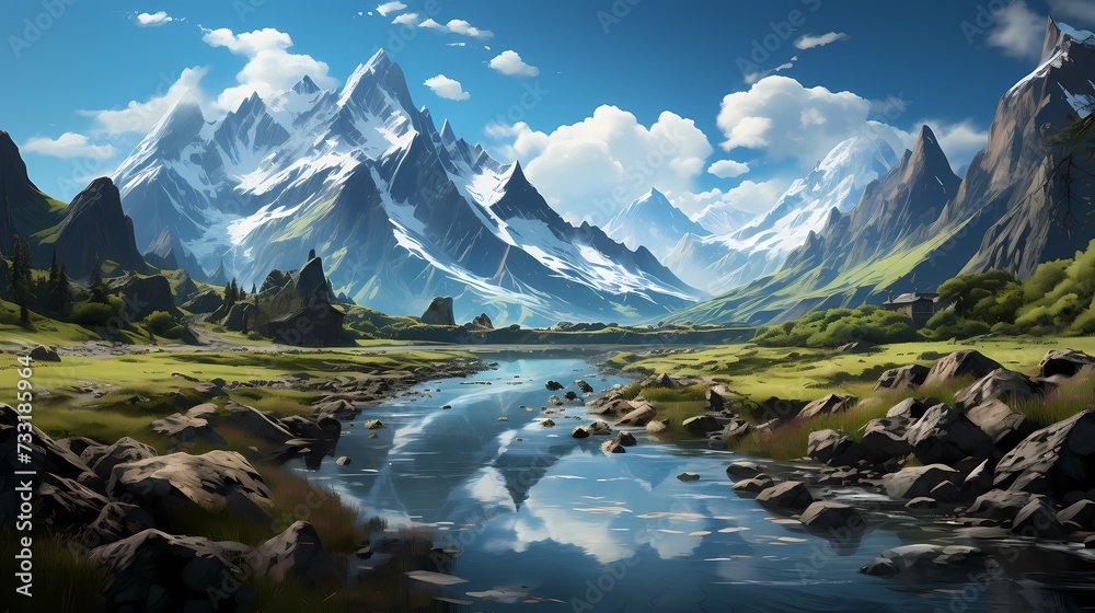 A top view of a serene mountain lake surrounded by snow-capped peaks, with blue skies and scattered clouds reflecting in the crystal-clear waters, creating a breathtaking alpine scene
