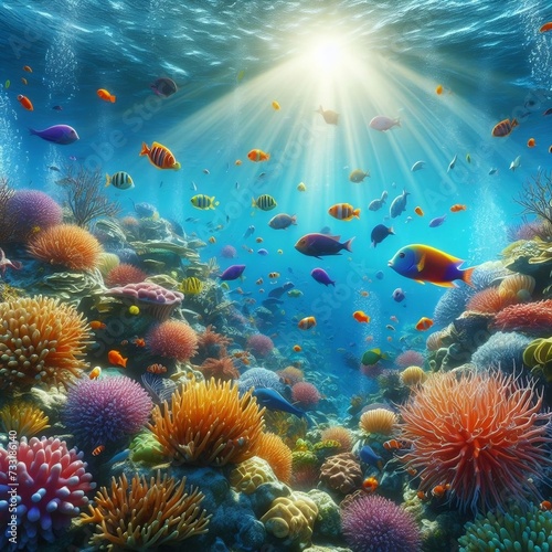 Fishes Swimming Under the Sea Water Like as Aquarium fish with Sunshine
